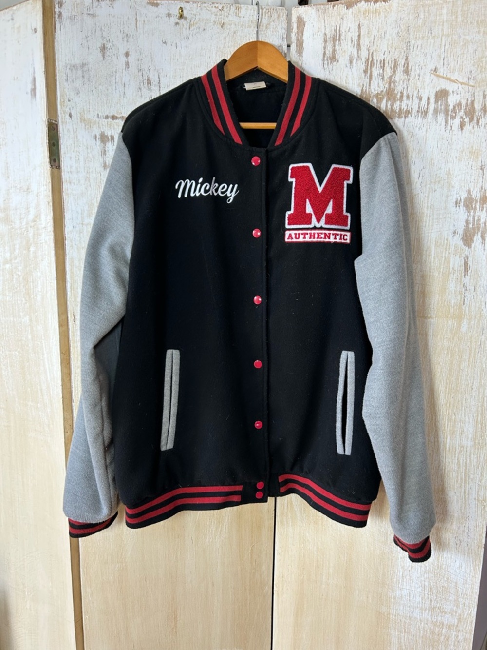 Disney Black & Gray Mickey Varsity Bomber Jacket with Red Trim